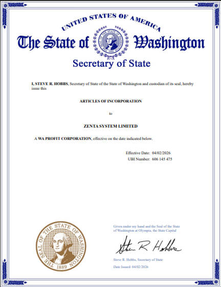 Zenta System ARTICLES OF INCORPORATION