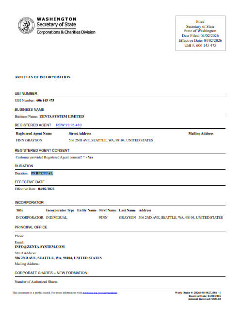 Zenta System ARTICLES OF INCORPORATION1