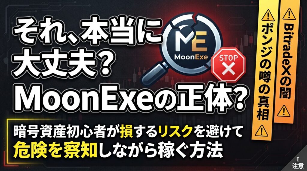 MoonExeとは？BitradeXが関係？怪しい噂の真相！暗号資産初心者が損するリスクを避けて危険を察知しながら稼ぐ方法